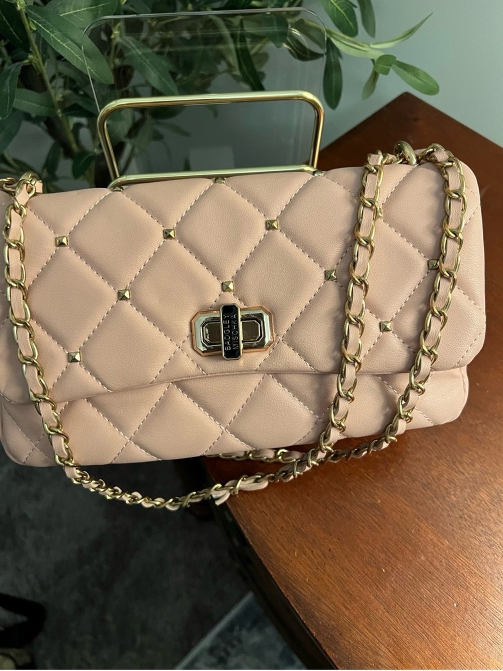 Badgley Mischka Quilted Chain-Handle Shoulder Bag in Blush Pink